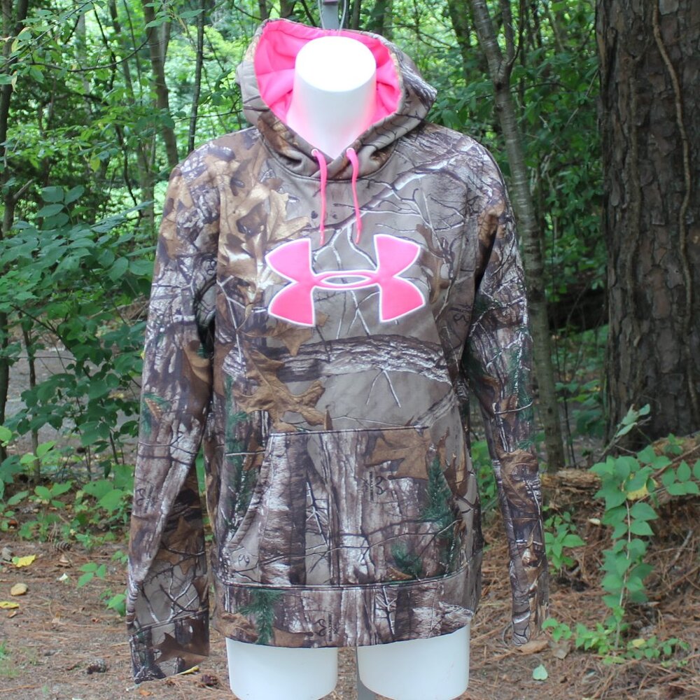Under Armour Realtree Camo Hoodie with Hot Pink Logo Women's Size Large EUC